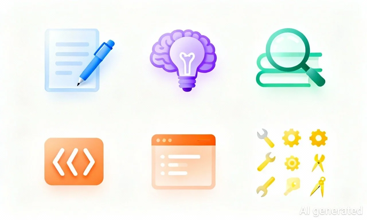 LLMの5つのユースケースを表すアイコン：ライティング（ペン）、思考・分析（脳）、リサーチ（虫眼鏡）、コーディング（コードブラケット）、汎用（ツール類）