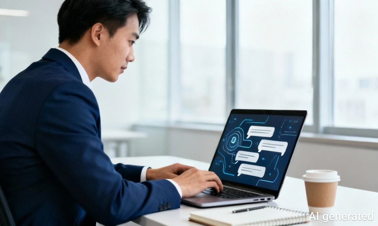 モダンなオフィス環境でLLM（ChatGPTやClaude）のチャット画面を開いてノートPCを使用しているビジネスプロフェッショナル